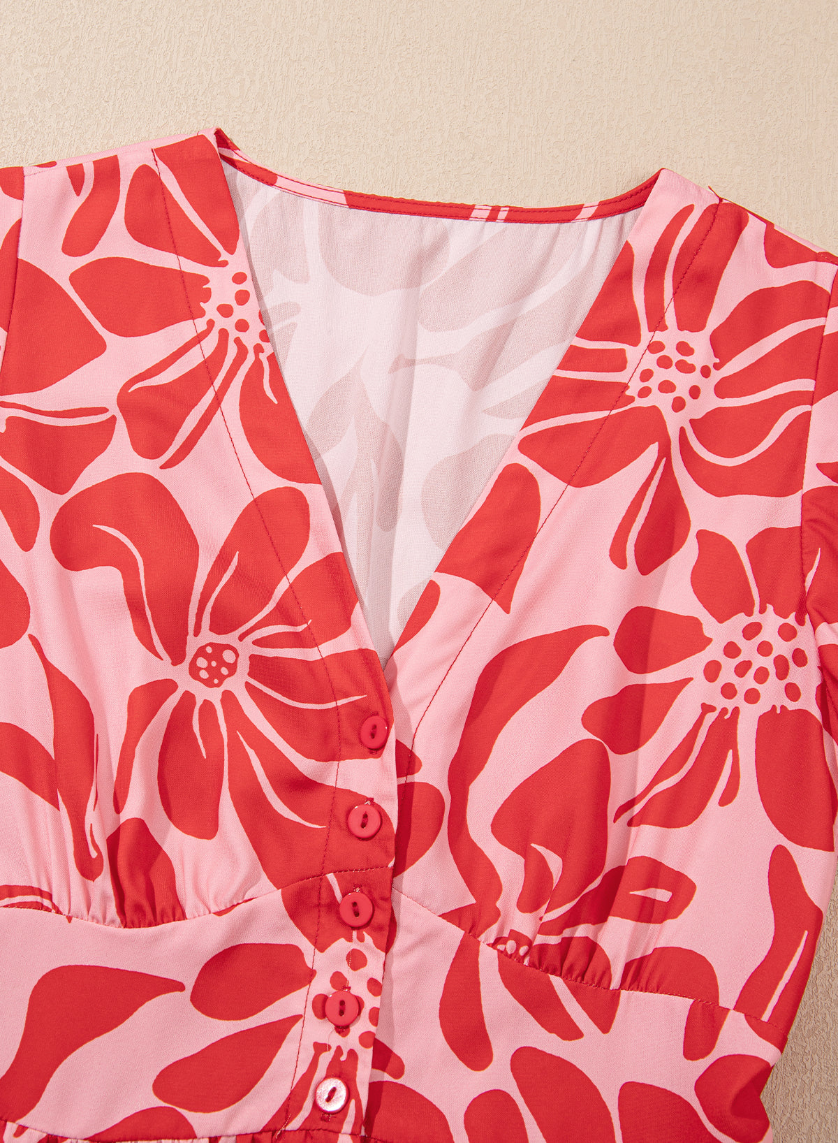 Red Boho Floral Short Sleeve V Neck Buttoned Shirred Waist Long Dress Floral Dresses JT's Designer Fashion