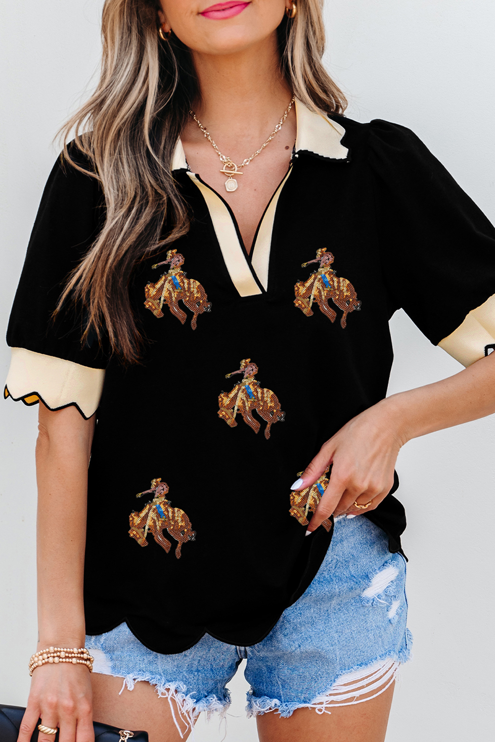 Black Contrast Scalloped Collar Cuffs Rodeo Patched Graphic Short Sleeve Top Graphic Tees JT's Designer Fashion
