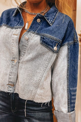 Dusk Blue Color Block Patchwork Flap Detail Distress Denim Jacket Denim Jackets JT's Designer Fashion