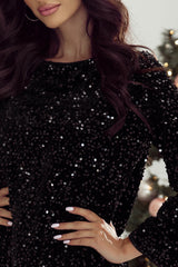 Black Sequin Long Sleeve Knot Cutout Back Mini Dress Mini Dresses JT's Designer Fashion