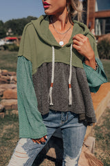 Laurel Green Mixed Textured Colorblock Patchwork Wide Sleeve Frayed High Low Hooded Top Long Sleeve Tops JT's Designer Fashion
