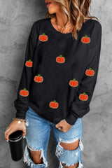 Black Halloween Pumpkin Graphic Drop Shoulder Sweatshirt Black 50%Polyester+50%Cotton Graphic Sweatshirts JT's Designer Fashion