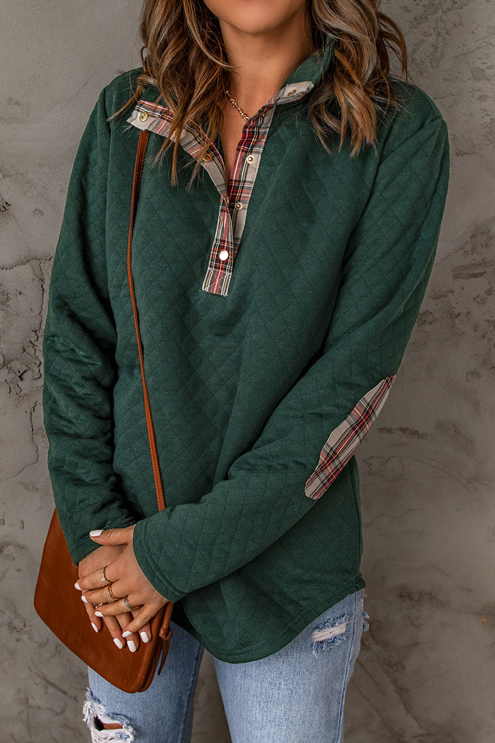 Green Geometric Texture Plaid Trim Sweatshirt Sweatshirts & Hoodies JT's Designer Fashion