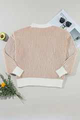 Chestnut Striped Textured Knit Contrast Edge Loose Sweater Sweaters JT's Designer Fashion