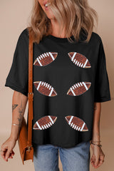 Black Sequin Rugby Football Patched Crewneck Loose T Shirt Graphic Tees JT's Designer Fashion