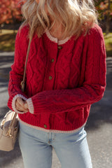 Racing Red Color Contrast Edge Cable Knit Buttoned Cardigan Cardigans JT's Designer Fashion