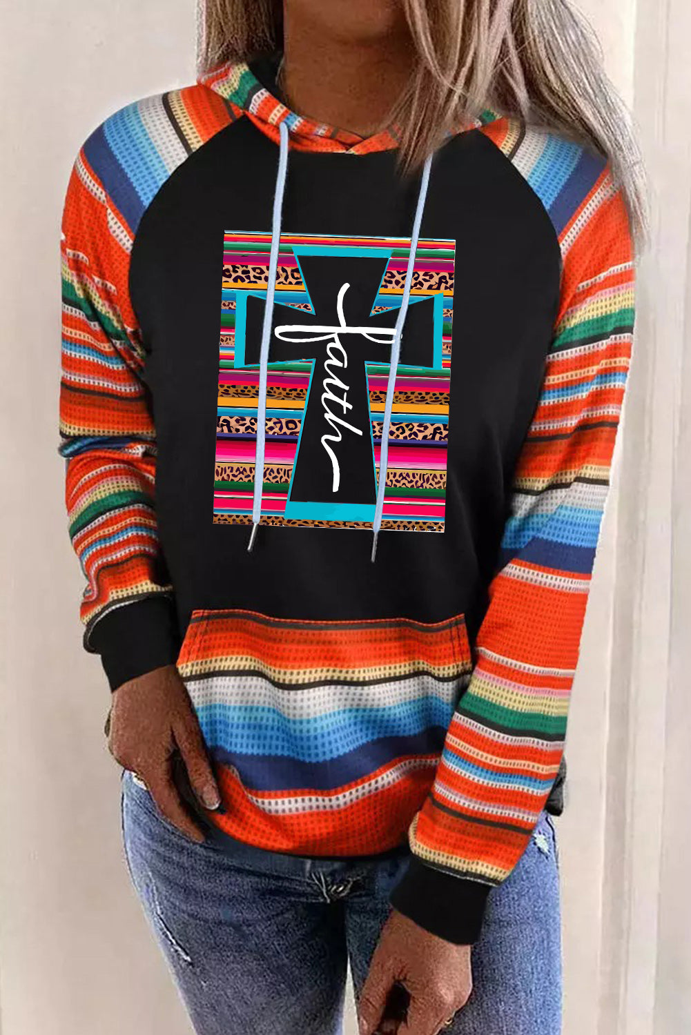 Multicolor Faith Western Serape Striped Patchwork Loose Hoodie Multicolor 95%Polyester+5%Elastane Graphic Sweatshirts JT's Designer Fashion
