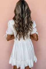 White Tie Short Sleeves Smocked Ruffle Mini Dress Dresses JT's Designer Fashion