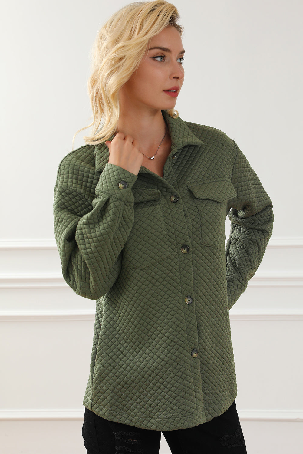 Green Retro Quilted Flap Pocket Button Shacket Jackets JT's Designer Fashion