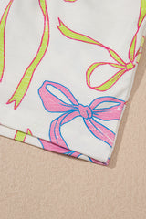White Cheerful Bow Print Elastic Pull On Casual Shorts Casual Shorts JT's Designer Fashion