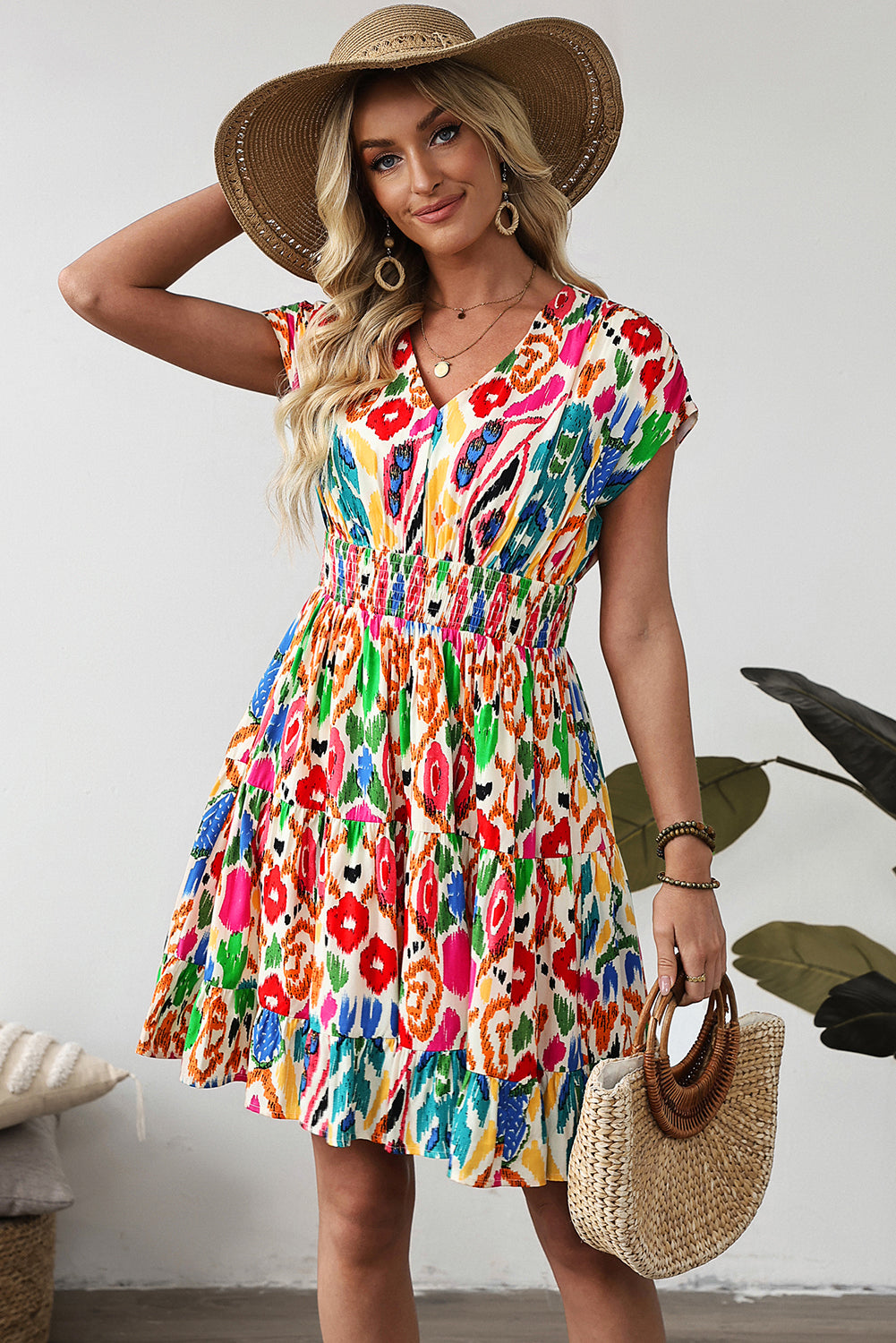 Sky Blue Abstract Print V Neck Dolman Sleeve Ruffle Tiered Mini Dress Dresses JT's Designer Fashion