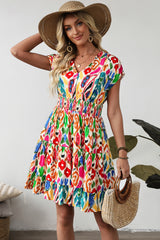 Sky Blue Abstract Print V Neck Dolman Sleeve Ruffle Tiered Mini Dress Dresses JT's Designer Fashion