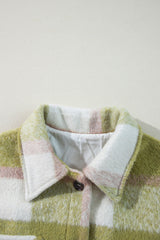 Sage Green Plaid Print Buttoned Flap Pockets Baggy Shacket Plaid Shackets JT's Designer Fashion