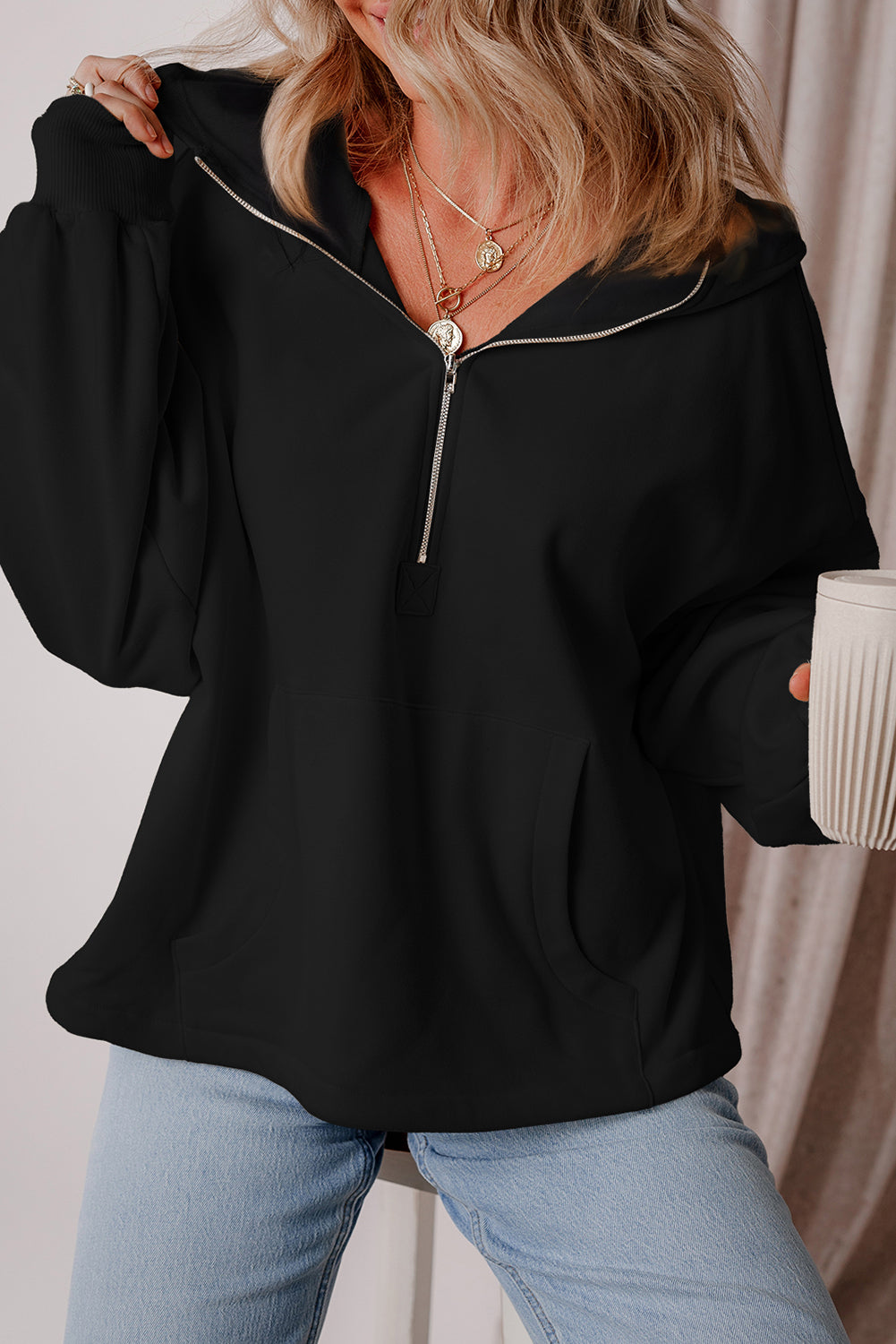 Black Fleece Lined Half Zipper Kangaroo Pockets Loose Hoodie Sweatshirts & Hoodies JT's Designer Fashion