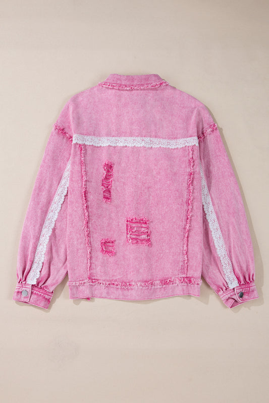 Pink Lace Patchwork Distressed Buttoned Denim Jacket Denim Jackets JT's Designer Fashion