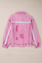 Pink Lace Patchwork Distressed Buttoned Denim Jacket Denim Jackets JT's Designer Fashion