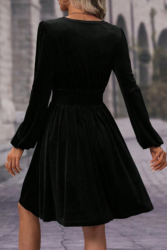Black Velvet Long Sleeve Surplice High Waist Mini Dress Mini Dresses JT's Designer Fashion
