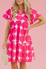 Rose Polka Dot Flutter Sleeve Notched Neck Tiered Flowy Dress Mini Dresses JT's Designer Fashion