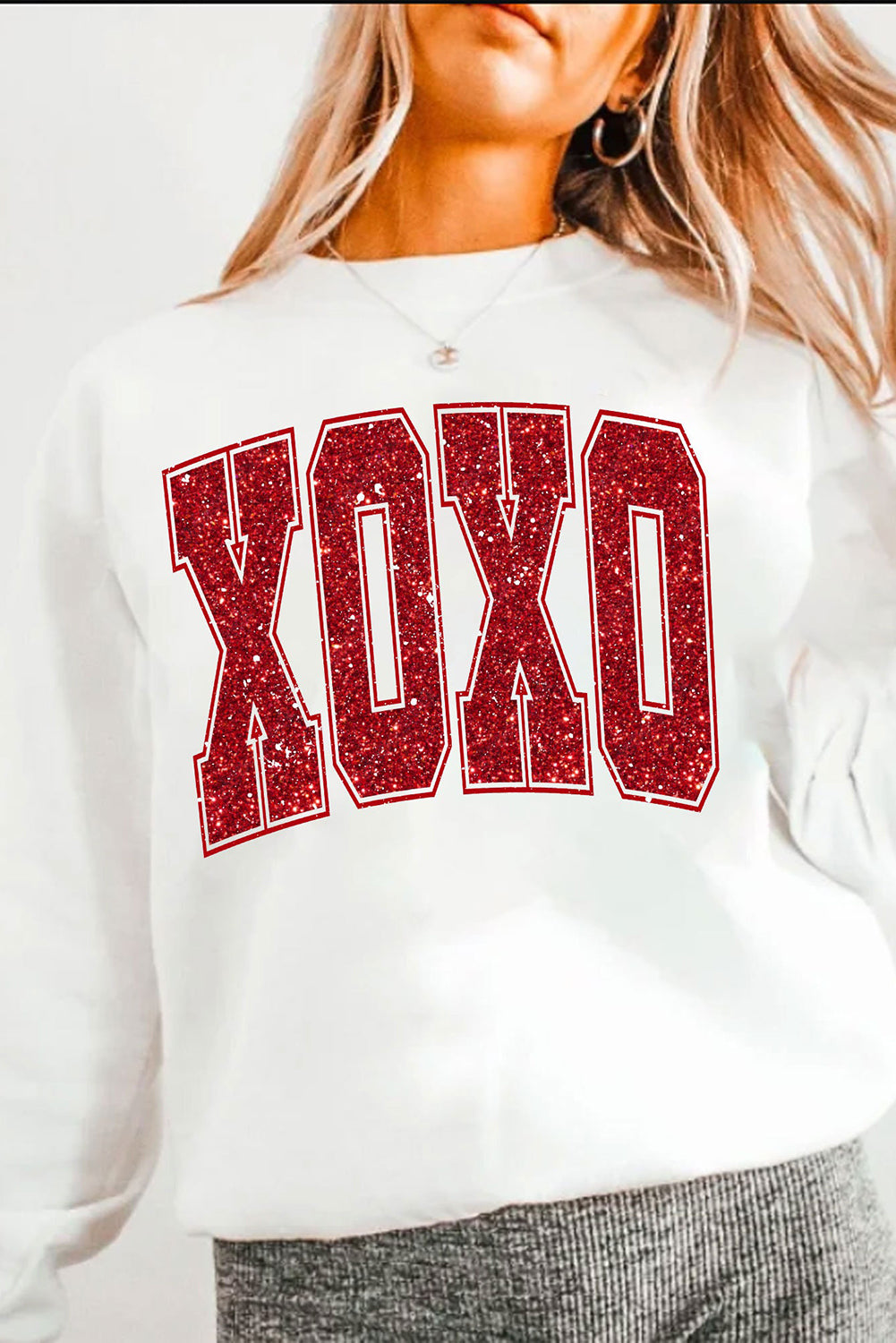 White Glitter XOXO Graphic Crewneck Valentines Pullover Sweatshirt Graphic Sweatshirts JT's Designer Fashion