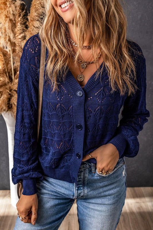 Blue Lightweight Buttoned Front Crochet Cardigan Sweaters & Cardigans JT's Designer Fashion