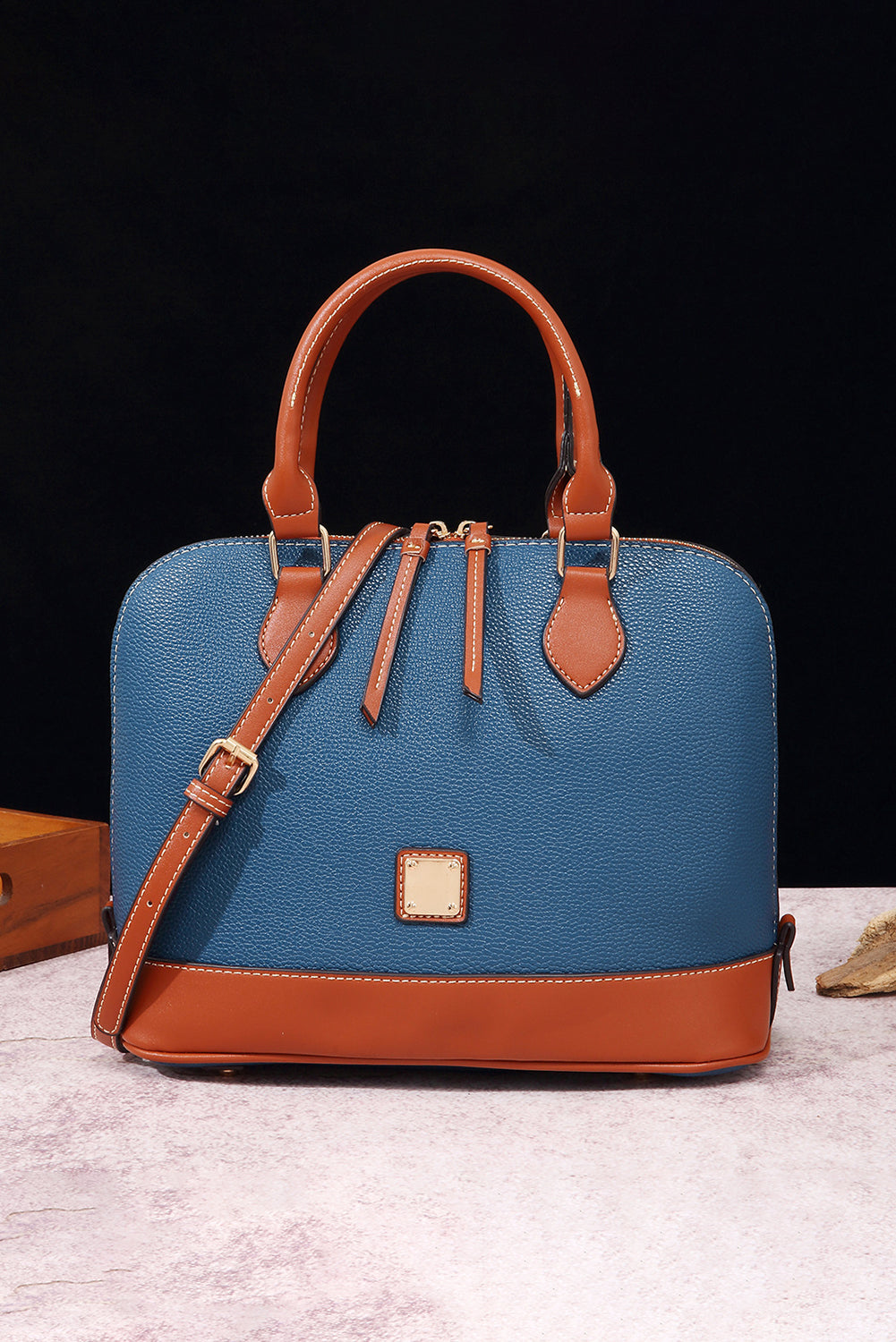 Ashleigh Blue Color Contrast PU Leather Zipper Tote Bag Handbags JT's Designer Fashion