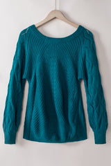 Blue Hollow-out Puffy Sleeve Knit Sweater Sweaters JT's Designer Fashion