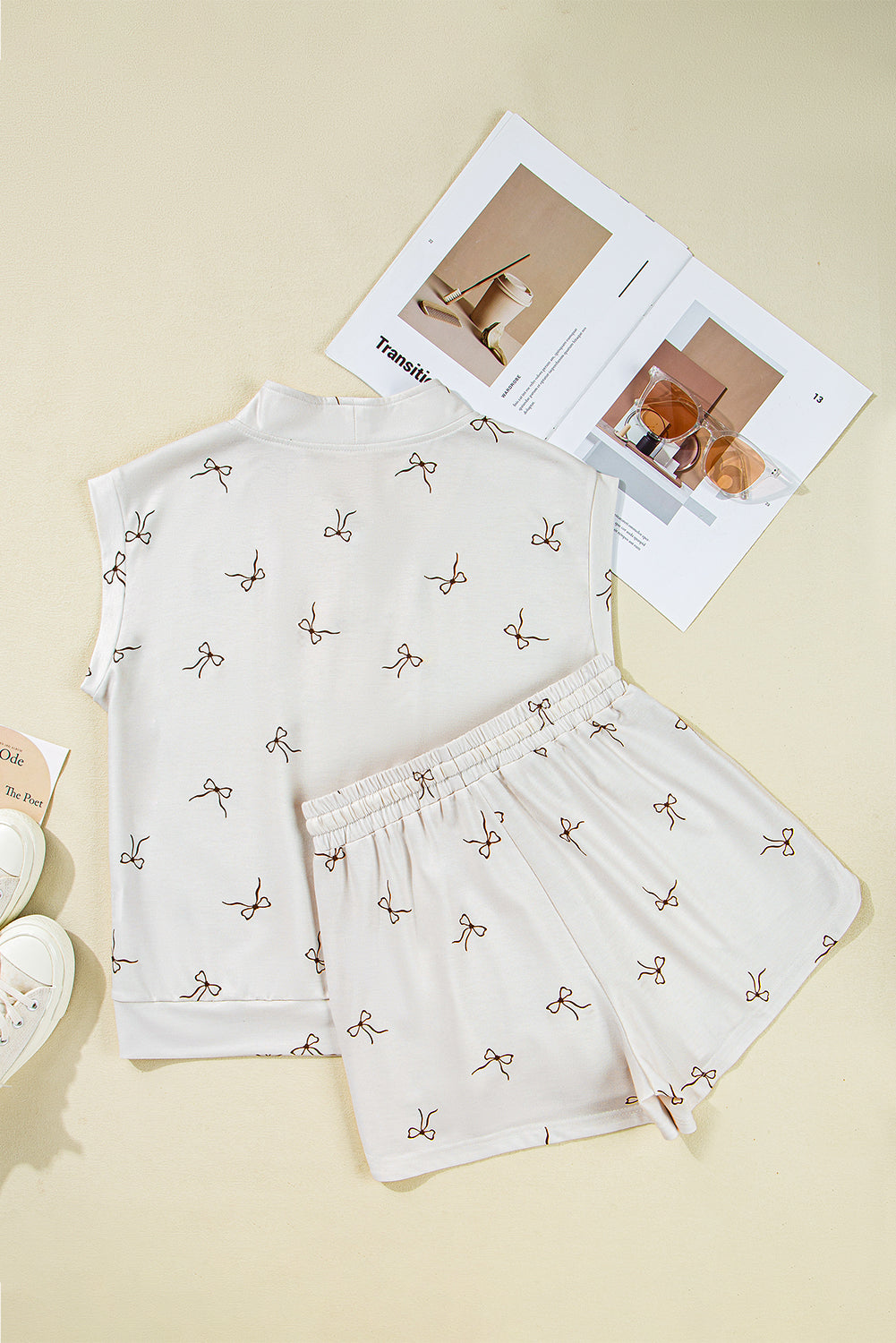 Beige Bow Print Half Zip Tank and Shorts 2pcs Set Short Sets JT's Designer Fashion