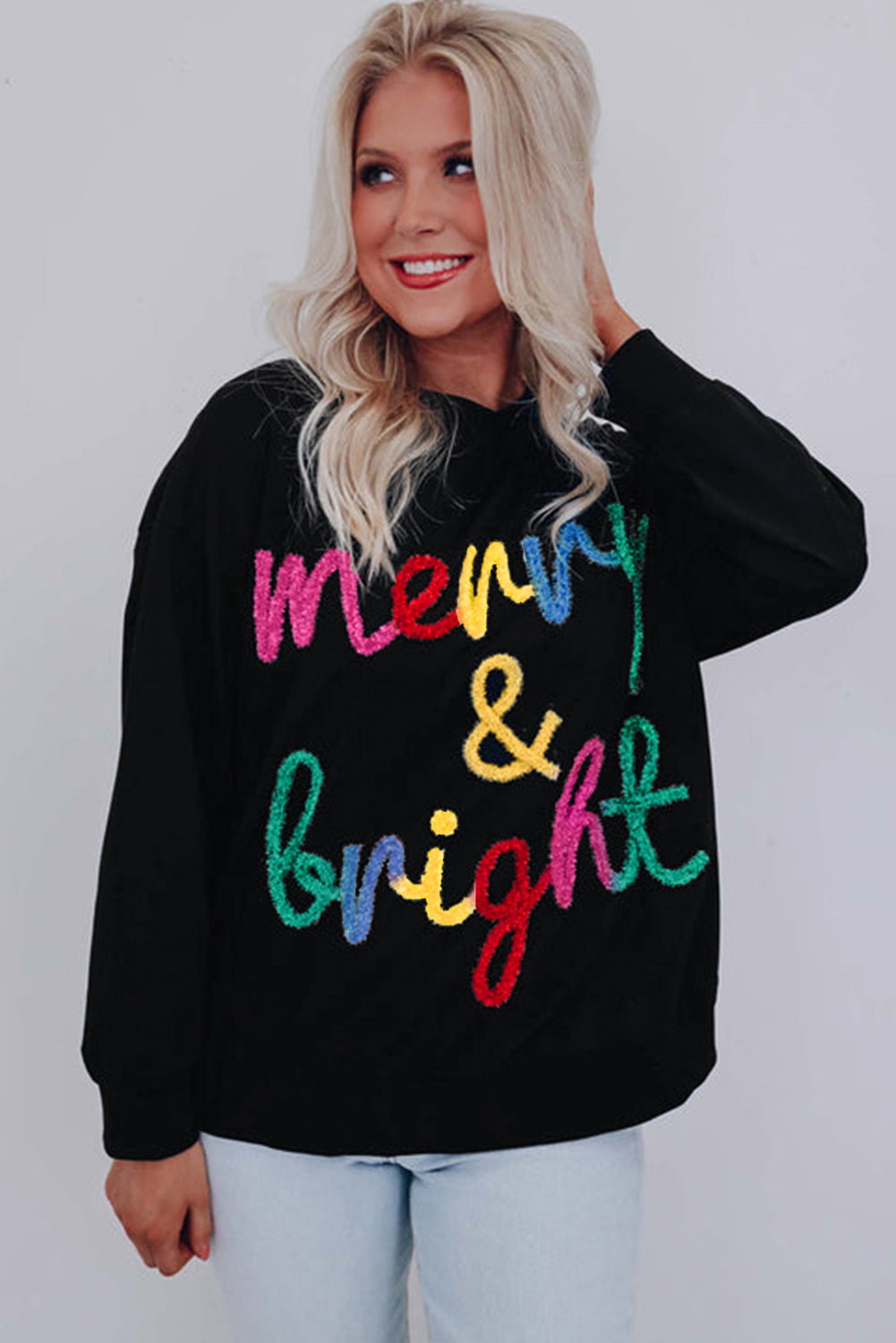 Black Colorful Merry & Bright Tinsel Graphic Sweater Sweaters JT's Designer Fashion