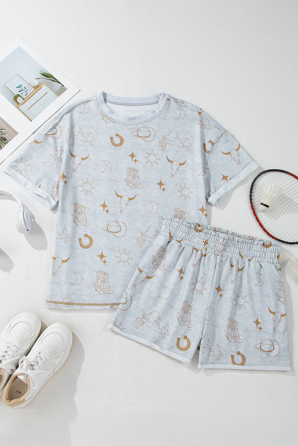 Gray Western Fashion Printed T Shirt Elastic Waist Shorts Set Short Sets JT's Designer Fashion
