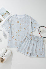 Gray Western Fashion Printed T Shirt Elastic Waist Shorts Set Short Sets JT's Designer Fashion