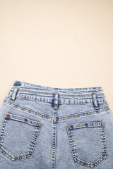 Beau Blue Rhinestone Light Wash Raw Hem High Waist Denim Shorts Denim Shorts JT's Designer Fashion