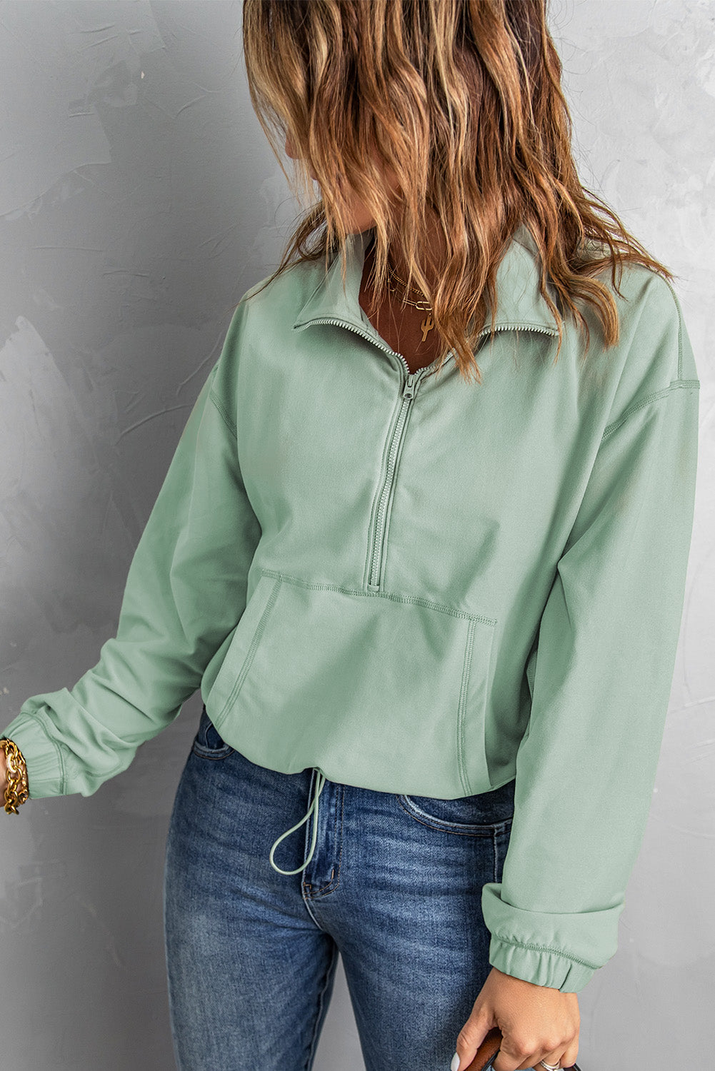 Green Zip Front Pocketed Pullover Sweatshirt Sweatshirts & Hoodies JT's Designer Fashion