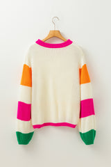 Beige Colorblock Flower Print Cable Knit Loose Sweater Sweaters JT's Designer Fashion