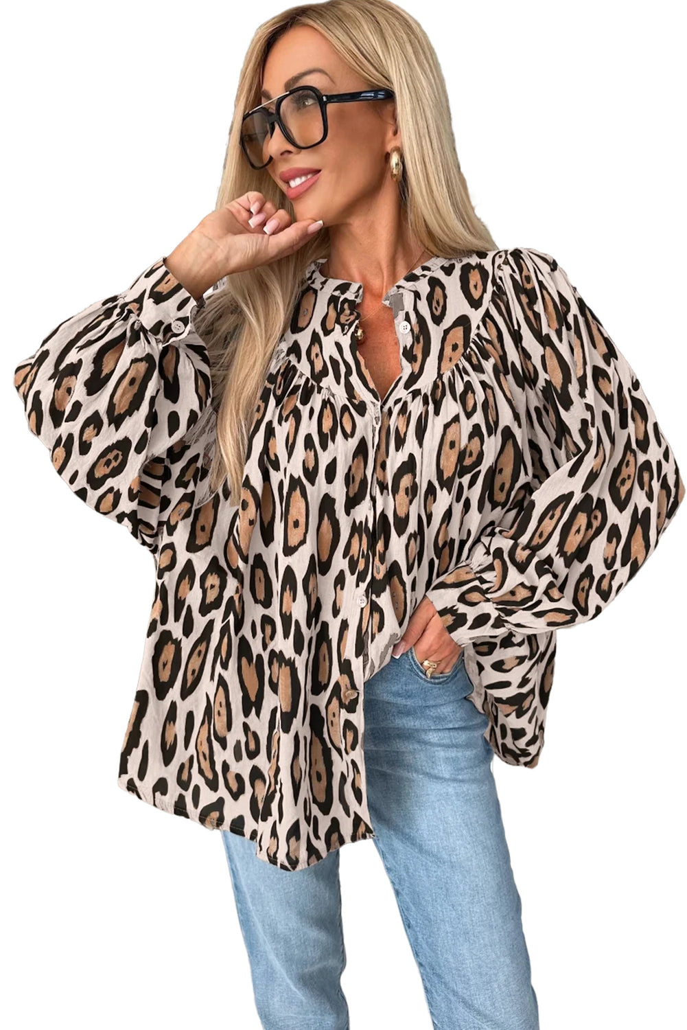Jet Stream Oversized Leopard Print Balloon Sleeve Casual Shirt Blouses & Shirts JT's Designer Fashion
