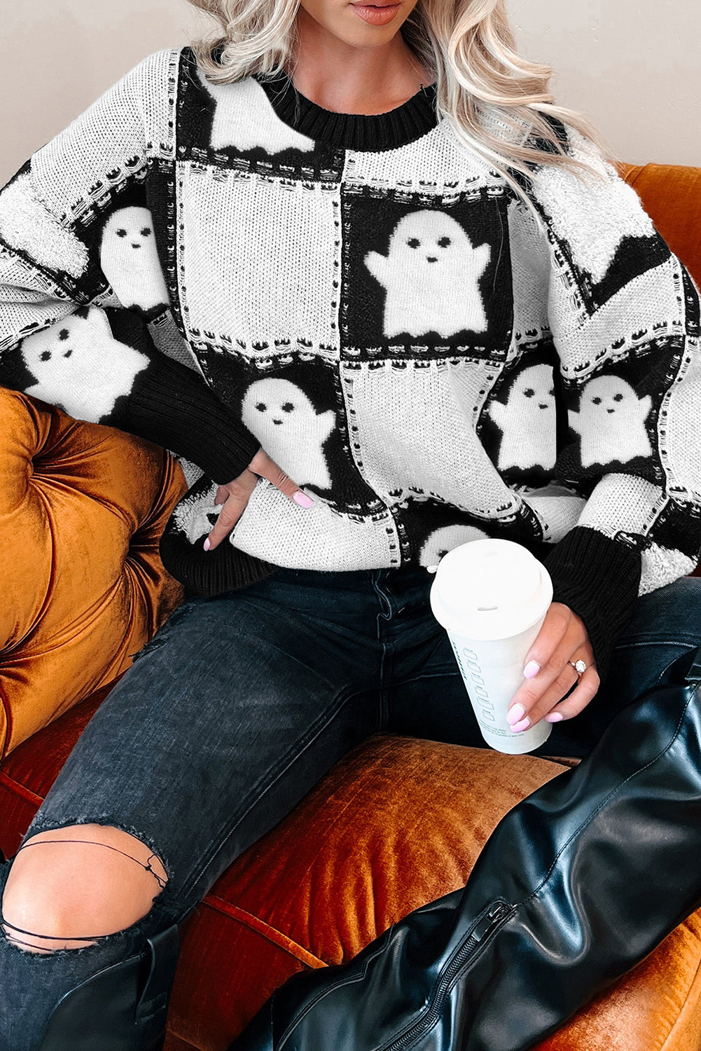 Black Halloween Ghost Checkered Drop Shoulder Sweater Black 52%Viscose+26%Polyester+22%Polyamide Sweaters JT's Designer Fashion