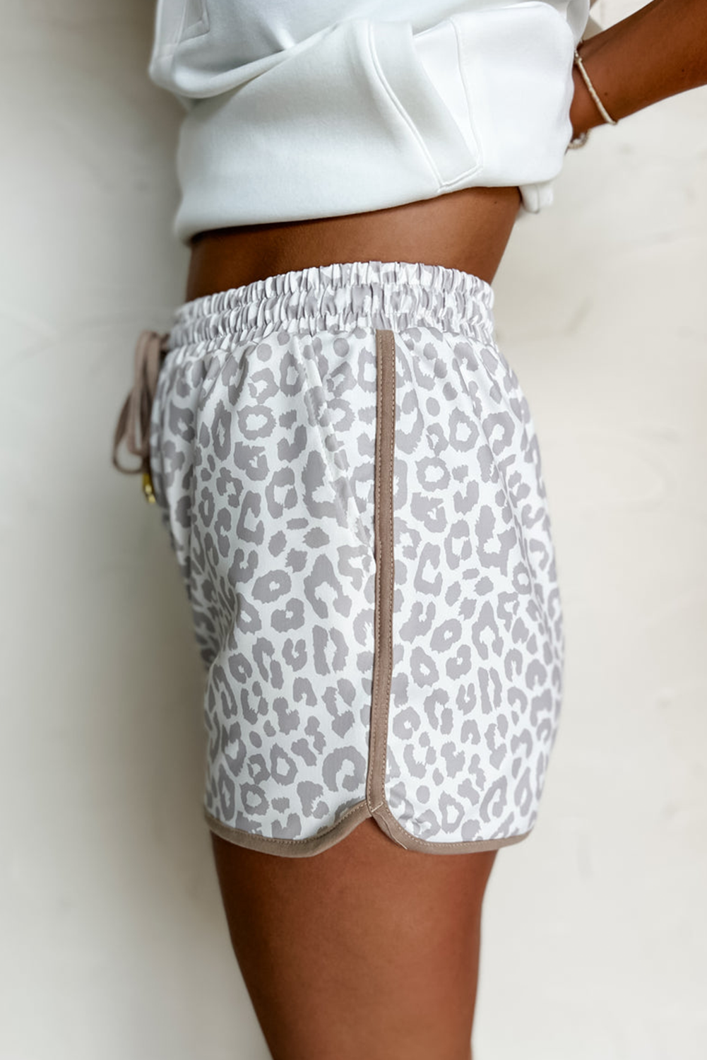 White Leopard Elastic Waist Lace up Contrast Trim Casual Shorts Casual Shorts JT's Designer Fashion