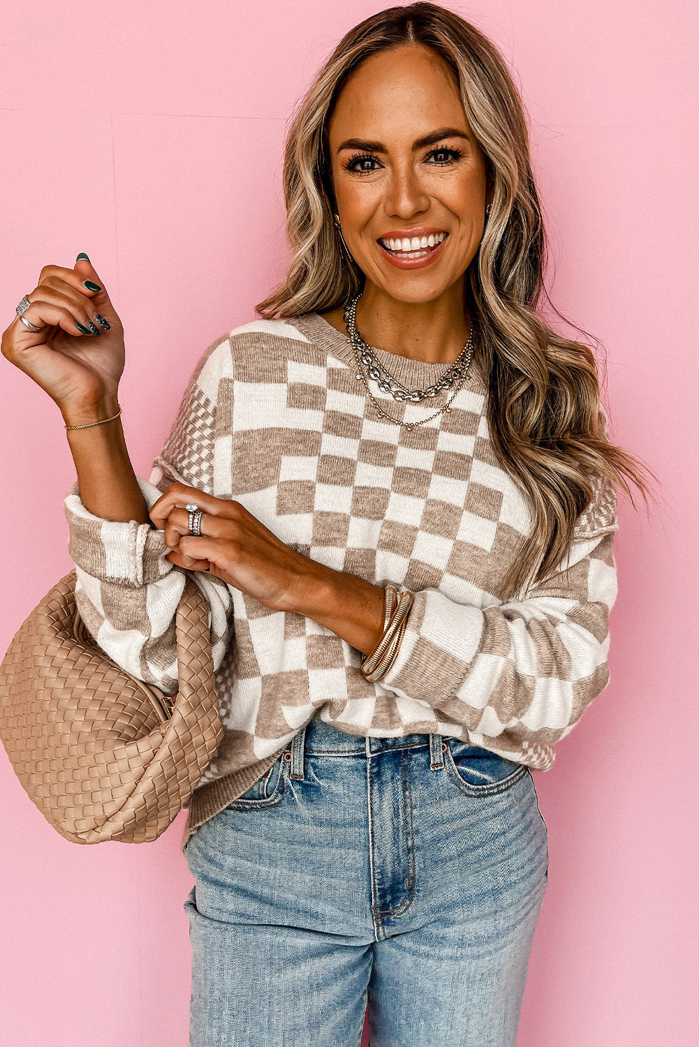 Khaki Checkered Print Drop Shoulder Round Neck Sweater Sweaters JT's Designer Fashion