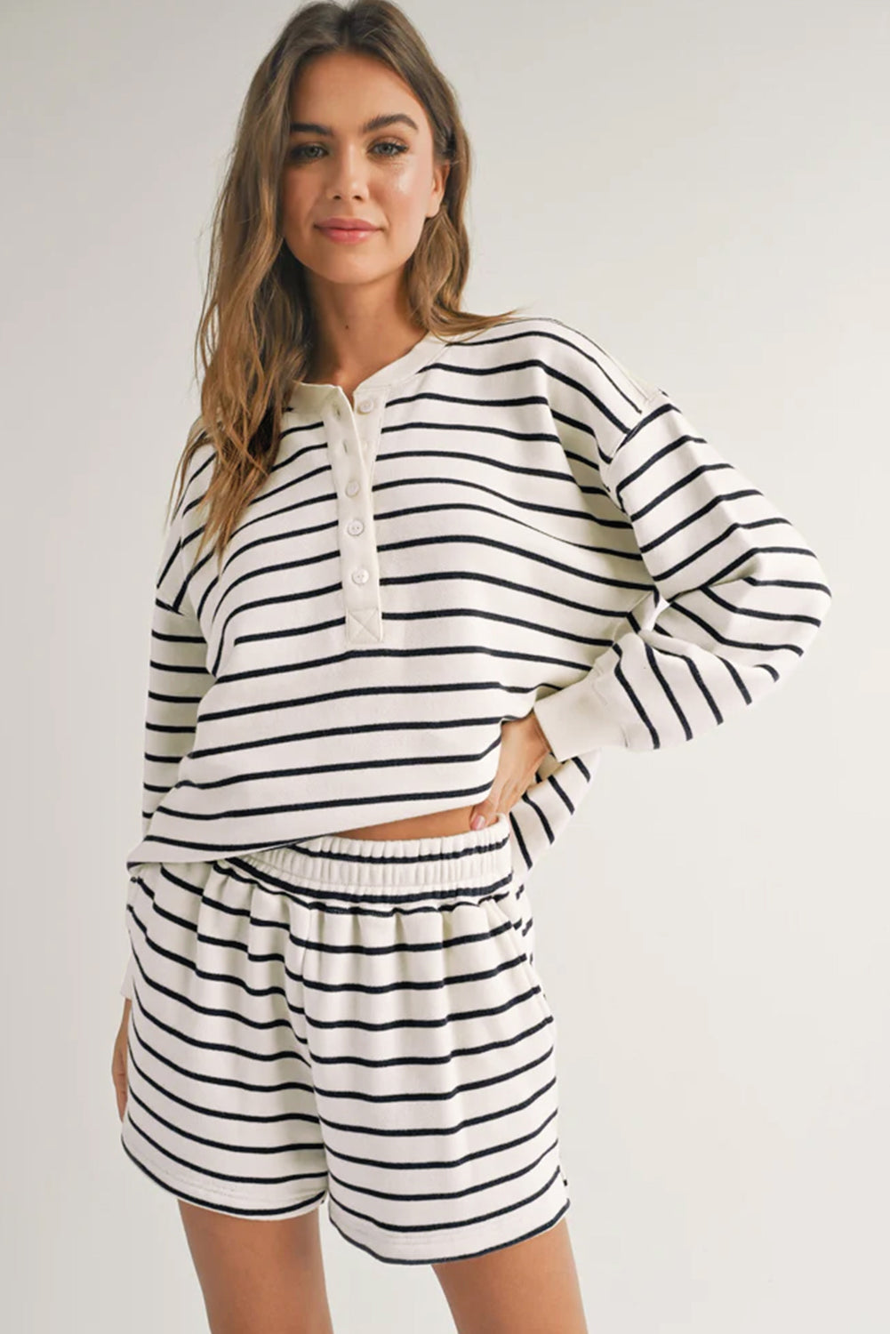 Black white Stripes Printed Half Button Long Sleeve Top and Shorts Set Short Sets JT's Designer Fashion