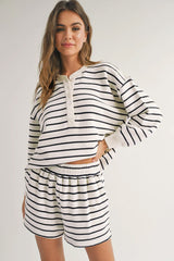 Black white Stripes Printed Half Button Long Sleeve Top and Shorts Set Short Sets JT's Designer Fashion