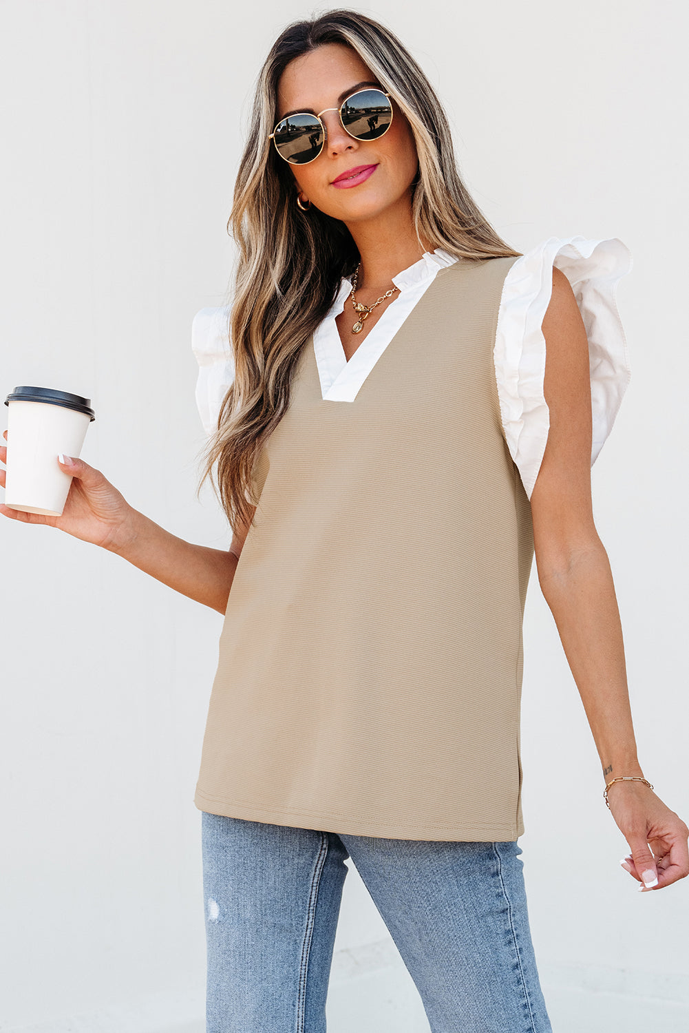 Pale Khaki Contrast V Neck Ruffled Textured Knit Top Pale Khaki 65%Polyester+30%Cotton+5%Elastane Blouses & Shirts JT's Designer Fashion