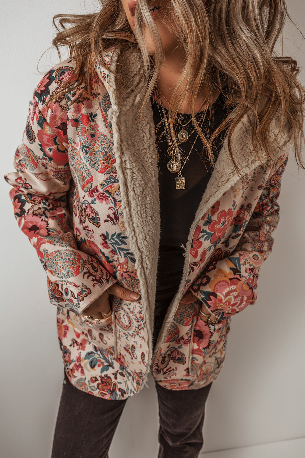 Beige Vintage Paisley Floral Printed Sherpa Lined Hooded Jacket Jackets JT's Designer Fashion