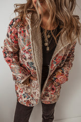 Beige Vintage Paisley Floral Printed Sherpa Lined Hooded Jacket Jackets JT's Designer Fashion