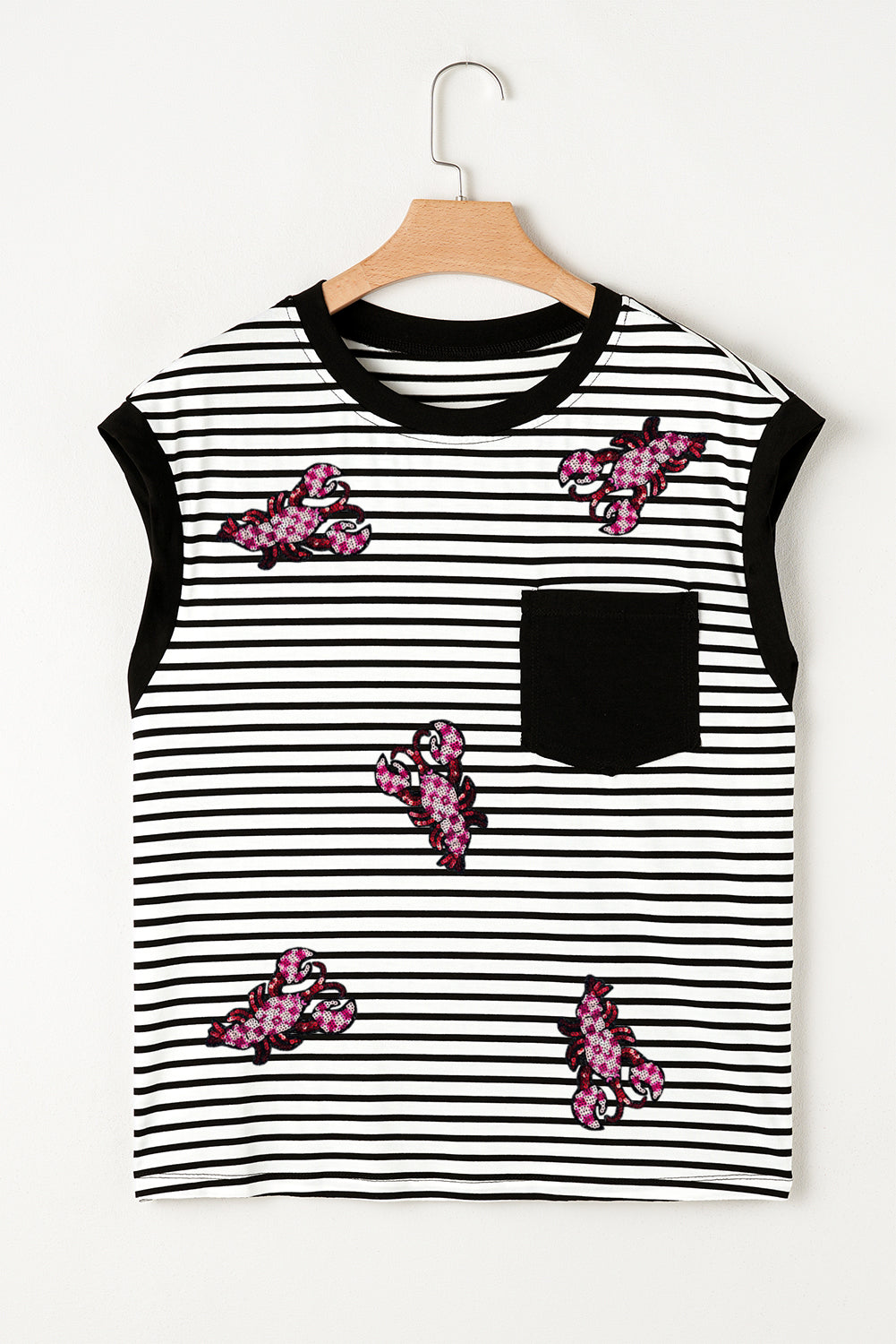 Black Stripe Sequined Lobster Patched Pocket Casual Tank Top Graphic Tees JT's Designer Fashion