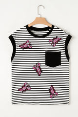Black Stripe Sequined Lobster Patched Pocket Casual Tank Top Graphic Tees JT's Designer Fashion