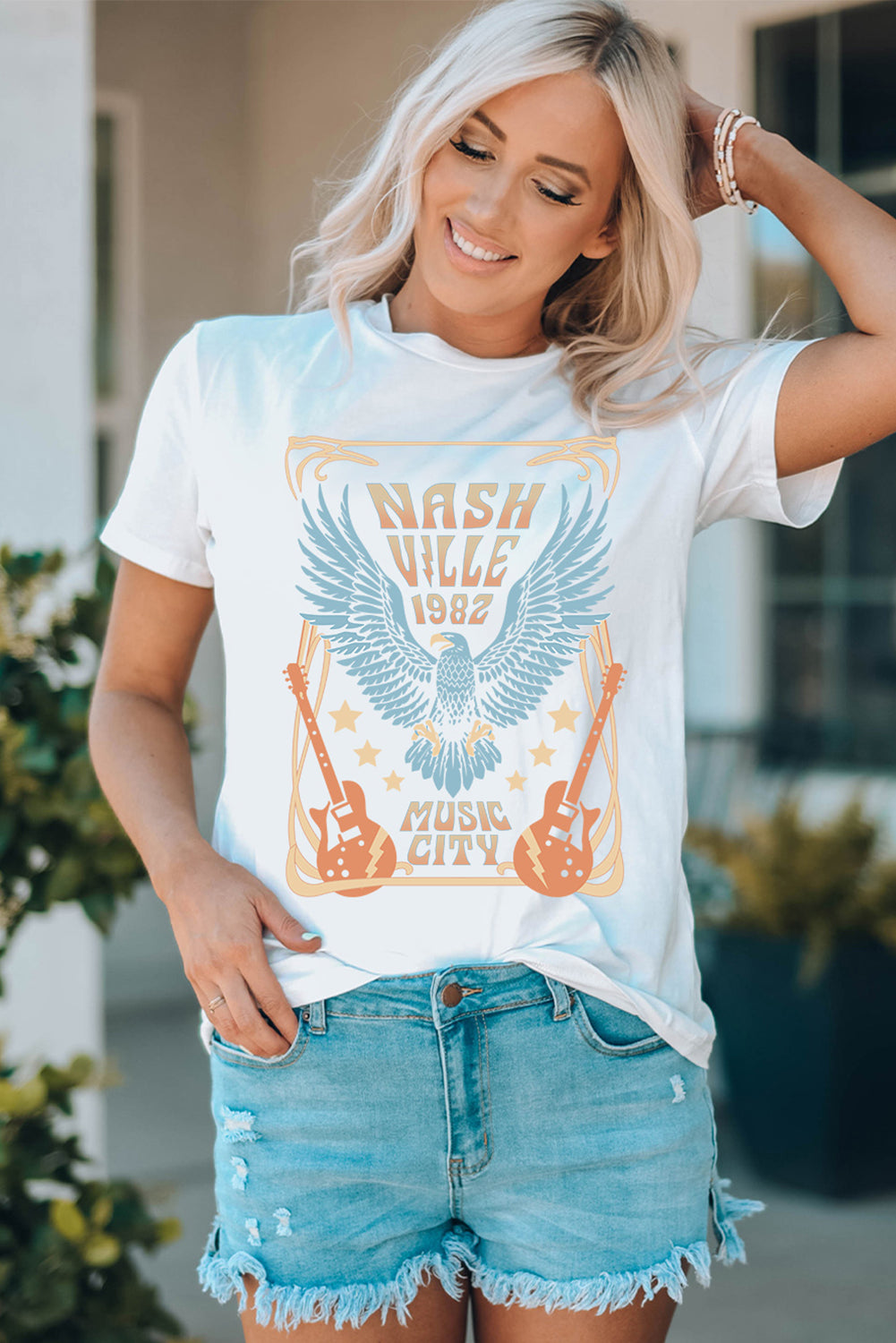 White NASHVILLE 1982 MUSIC CITY Casual T Shirt Graphic Tees JT's Designer Fashion