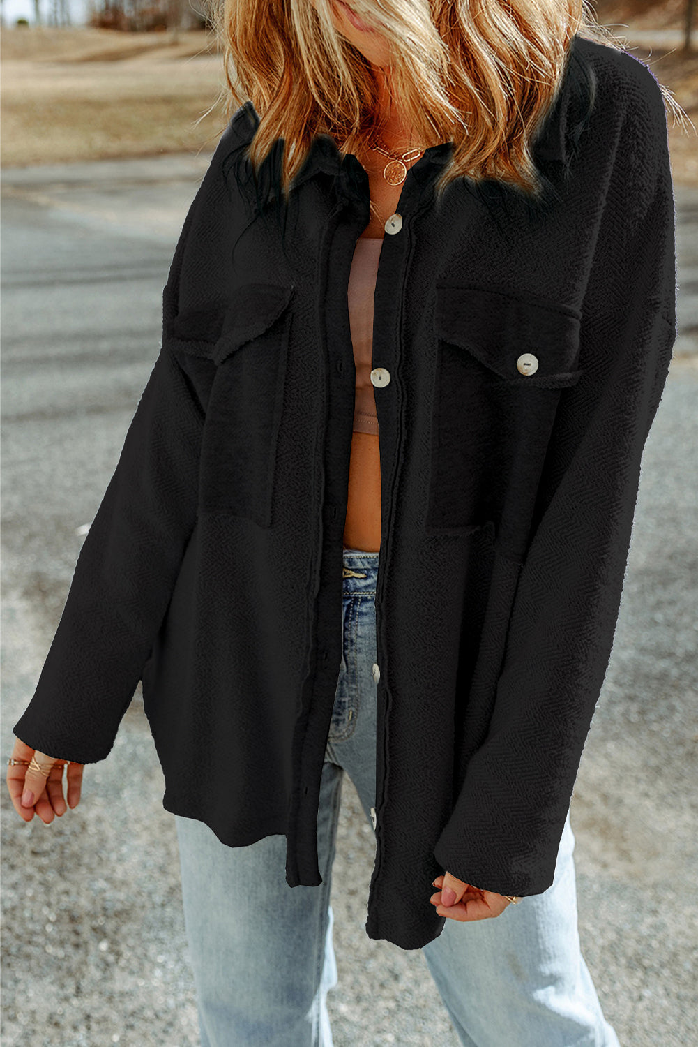 Black Contrast Flap Pockets Relaxed Shacket Jackets JT's Designer Fashion