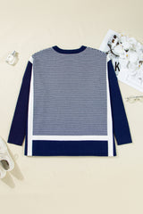 Blue Stripe Color Block Patchwork Dolman Oversize Tunic Sweater Sweaters JT's Designer Fashion
