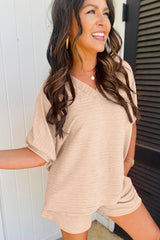 Apricot Textured V Neck T Shirt and Shorts Set Short Sets JT's Designer Fashion