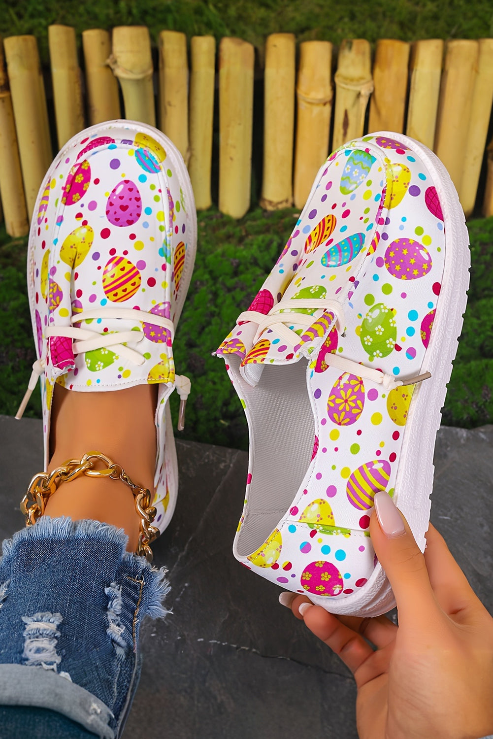Easter Eggs Printed Square Toe Slip On Canvas Flats Women's Shoes JT's Designer Fashion