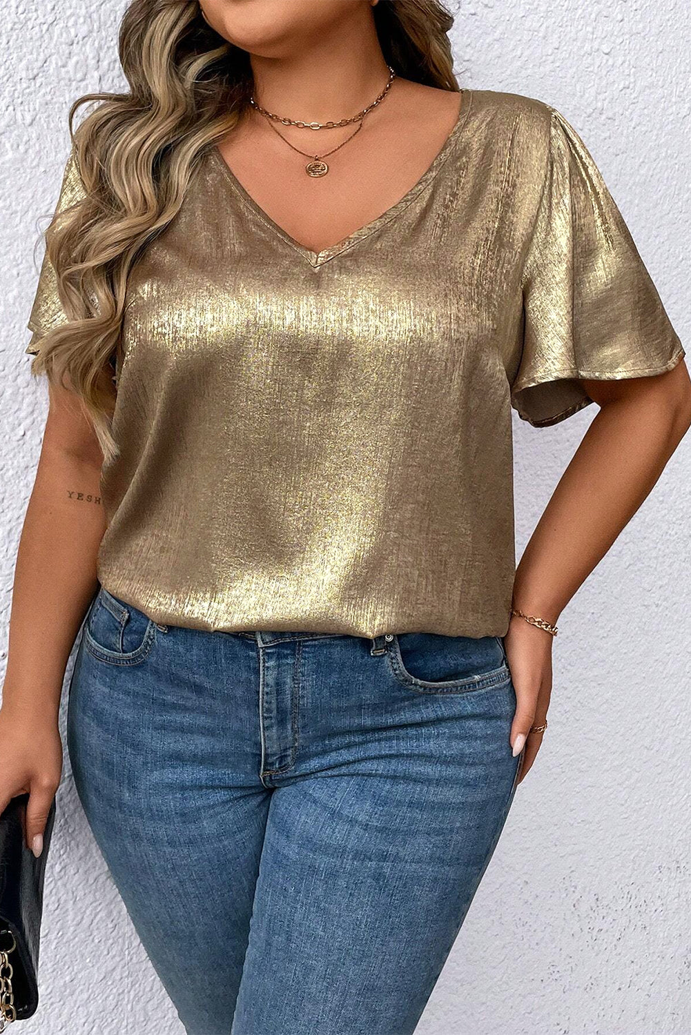 Gold Plus Size Metallic V Neck Short Sleeve Blouse Plus Size Tops & Tees JT's Designer Fashion